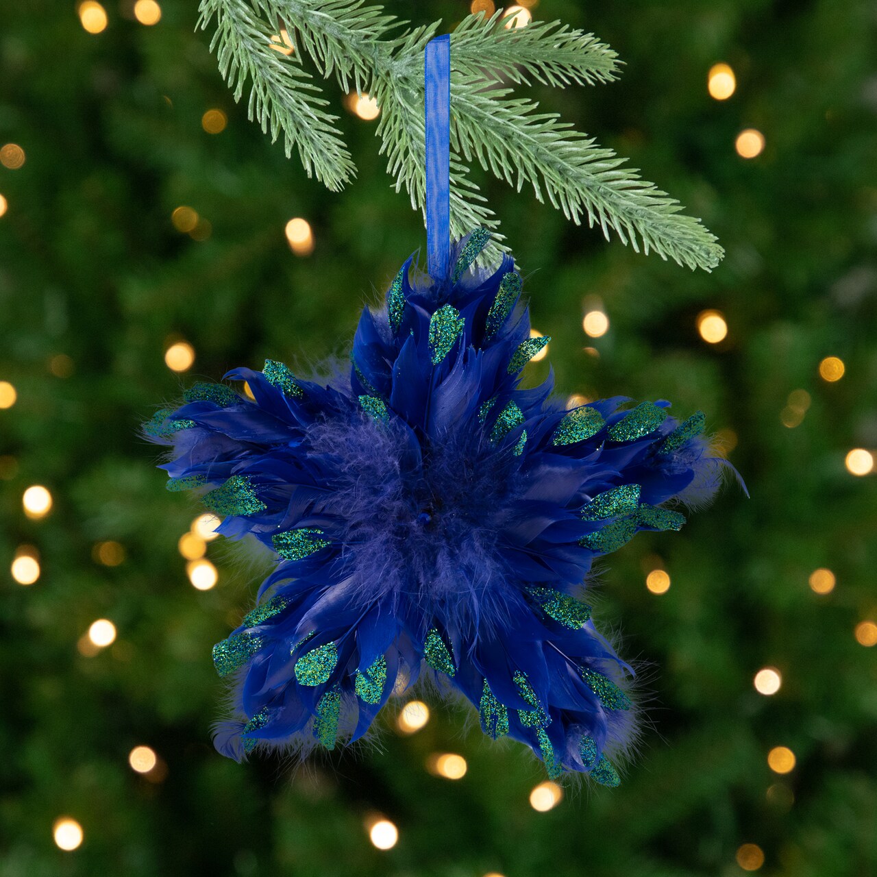 Northlight Plush Glittery Peacock Feather Star Shaped Christmas Ornament - 9" - Blue